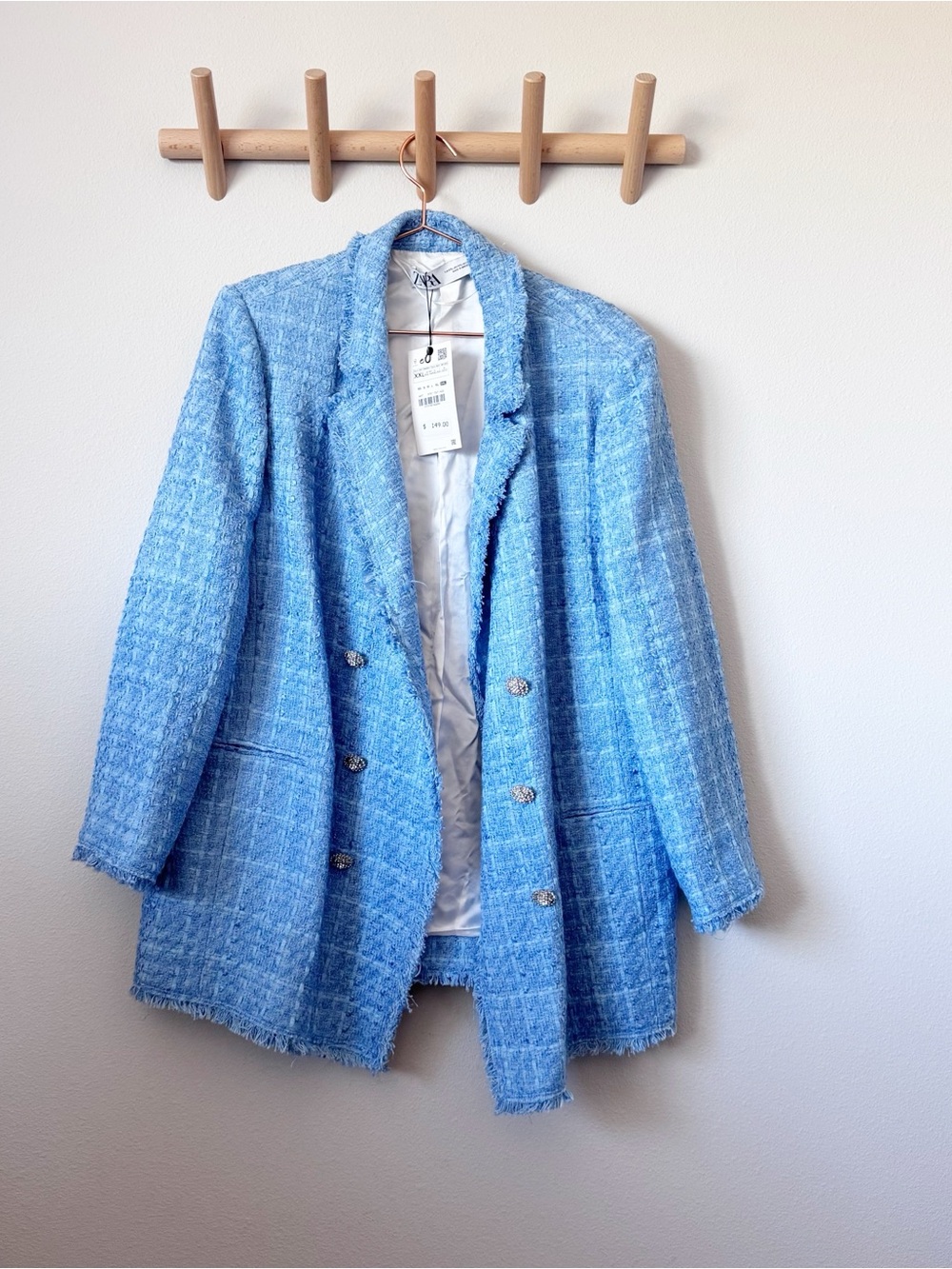 Zara Light Blue Tweed Double-Breasted Oversized Blazer